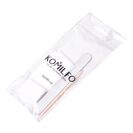 Komilfo одноразовый набор №4 пилочка 150/150, бафф 100/180, апельсиновая палочка, 10 салфеткок