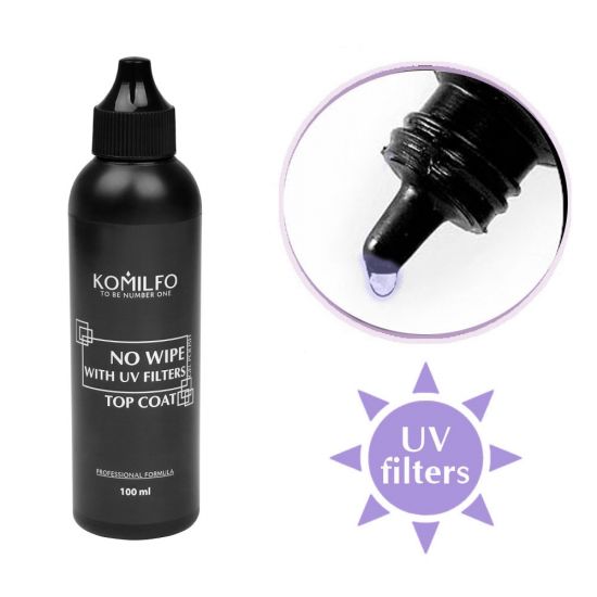 KOMILFO NO WIPE UV TOP – TOP FOR GEL POLISH WITHOUT A STICKY LAYER WITH UV FILTERS, 100 ML